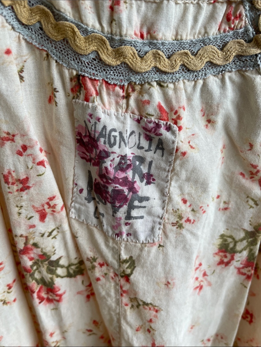 Magnolia Pearl Cream Midi Dress with Pink Floral and Gray Trim - Picture 5 of 5